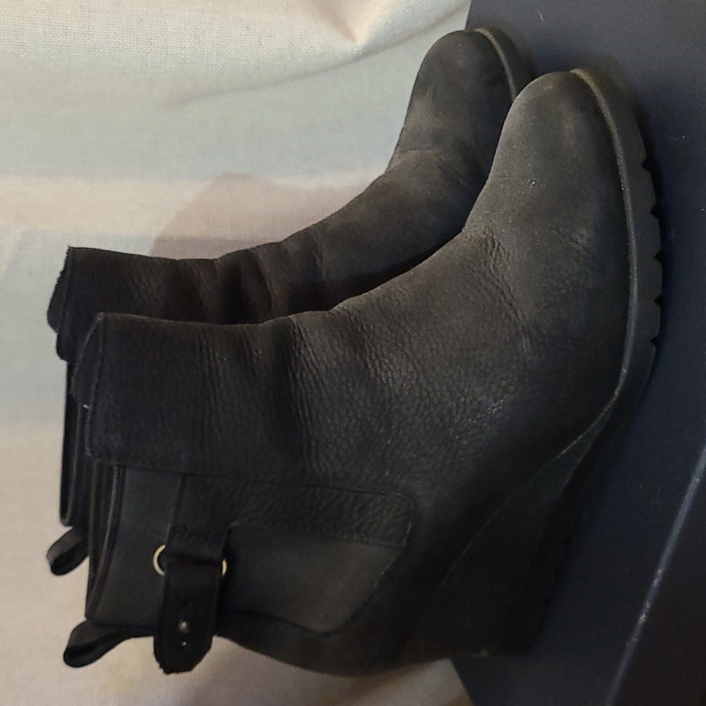 UGG black leather ankle wedge boots
